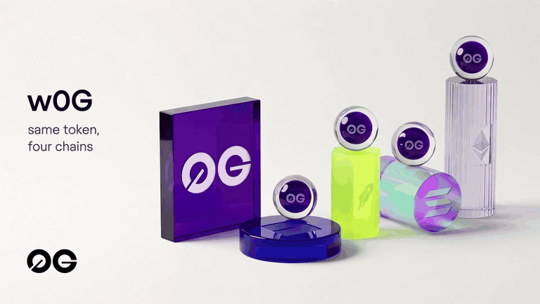 Looping 3D animation: a purple glass block with the 0G logo beside glass objects carrying the Base, Robinhood Chain, Solana and Ethereum logos, with 0G coins floating above, next to the words w0G, same token, four chains